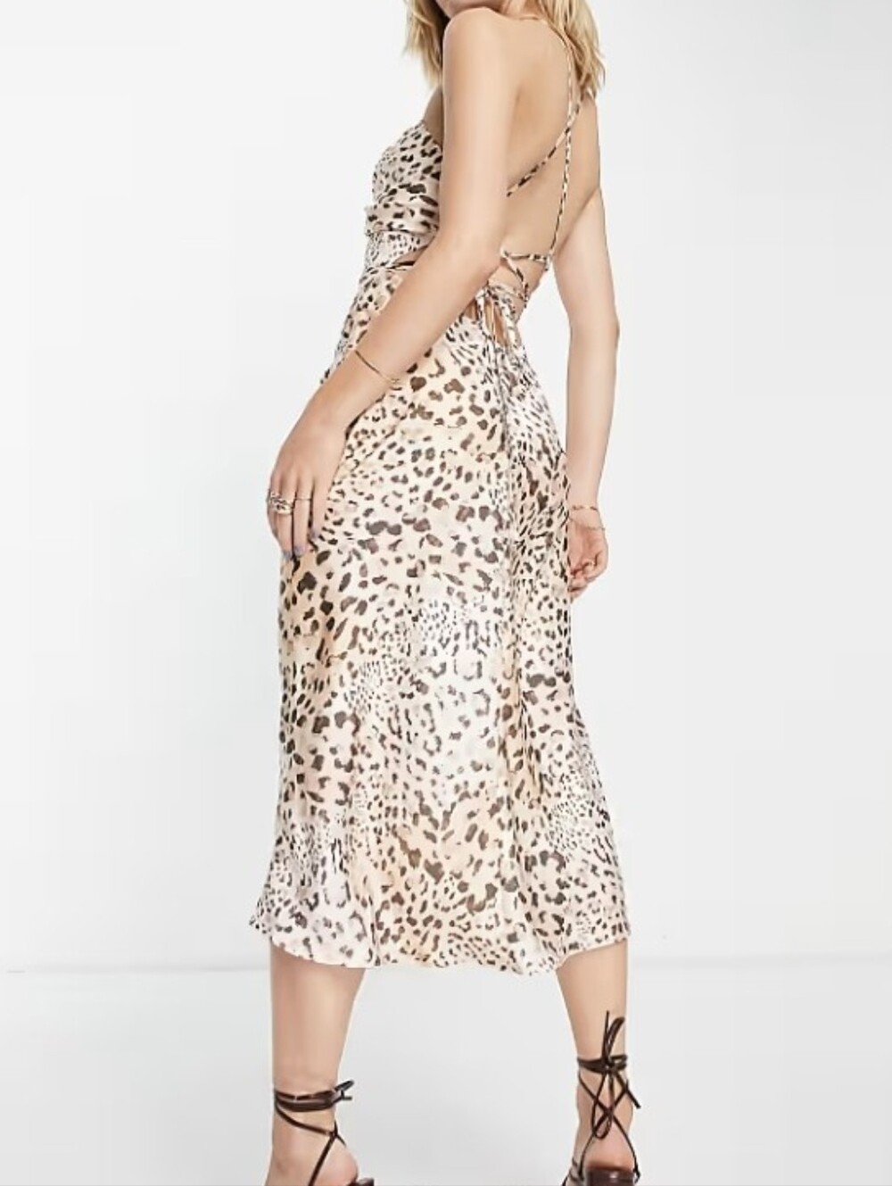 ASOS DESIGN cross font halter satin midi dress with tie back in leopard print - Picture 2 of 6